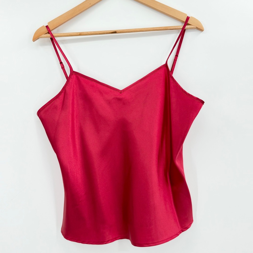 Women's Large Burgundy Satin Cami Tank Top Adjustable Straps V Neck Y2K 90s